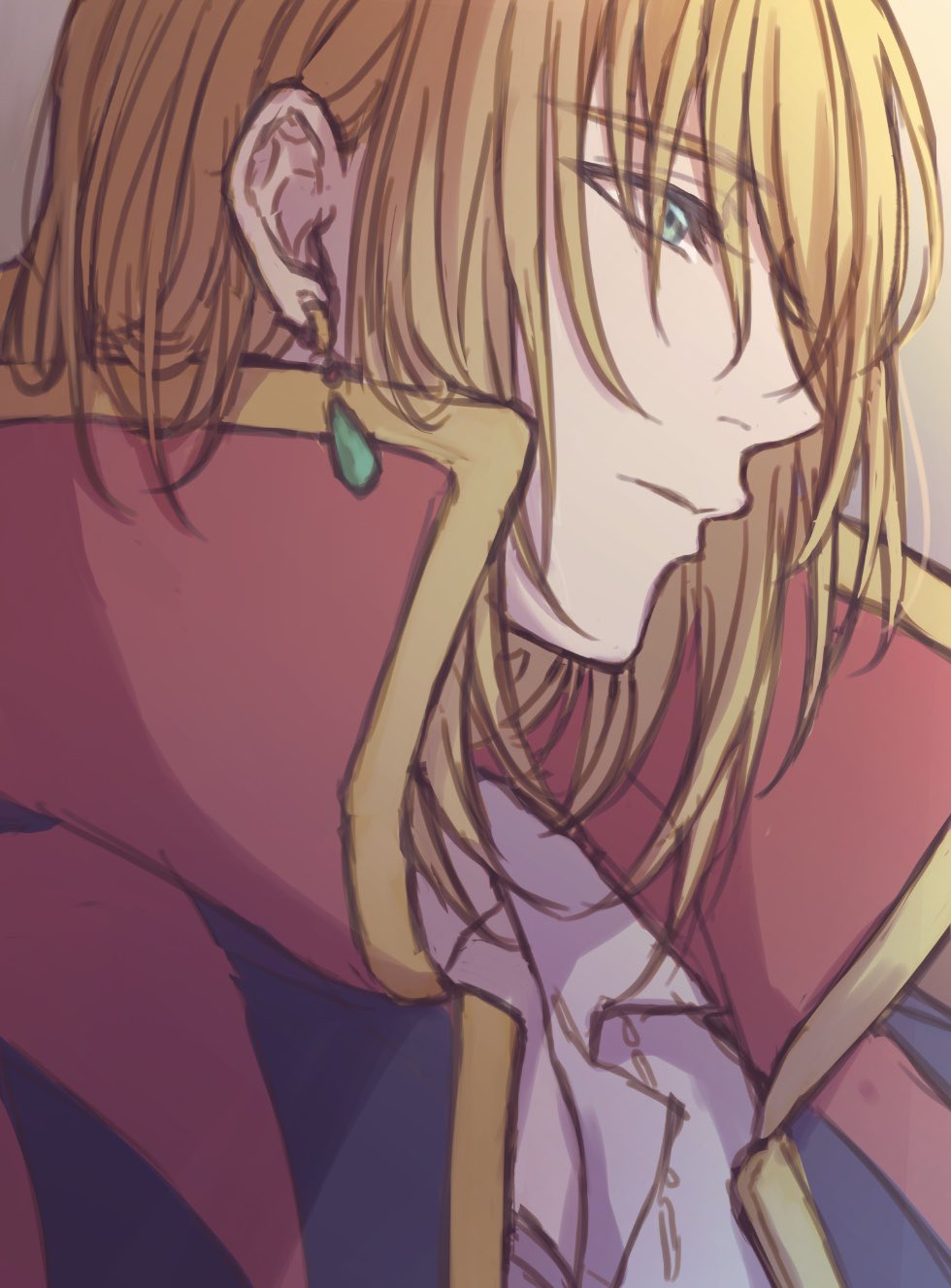 1boy blonde_hair blue_eyes closed_mouth collared_jacket commentary_request earrings from_side highres howl_pendragon howl_no_ugoku_shiro jacket jacket_on_shoulders jewelry looking_to_the_side male_focus medium_hair moxamog necklace portrait shirt sketch solo white_shirt