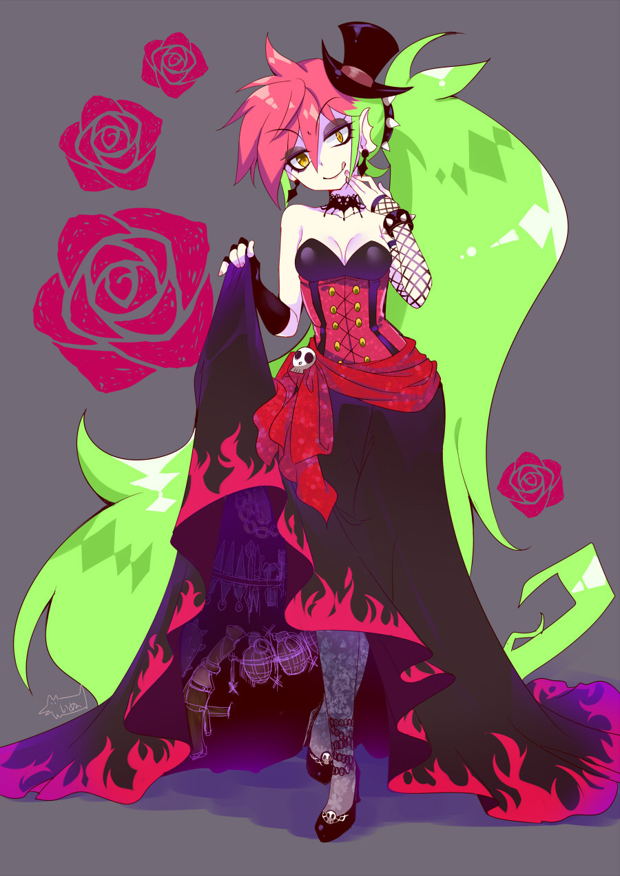 1girl breasts demencia dress explosive grenade hat high_heels highres long_hair multicolored_hair solo top_hat villainous weapons