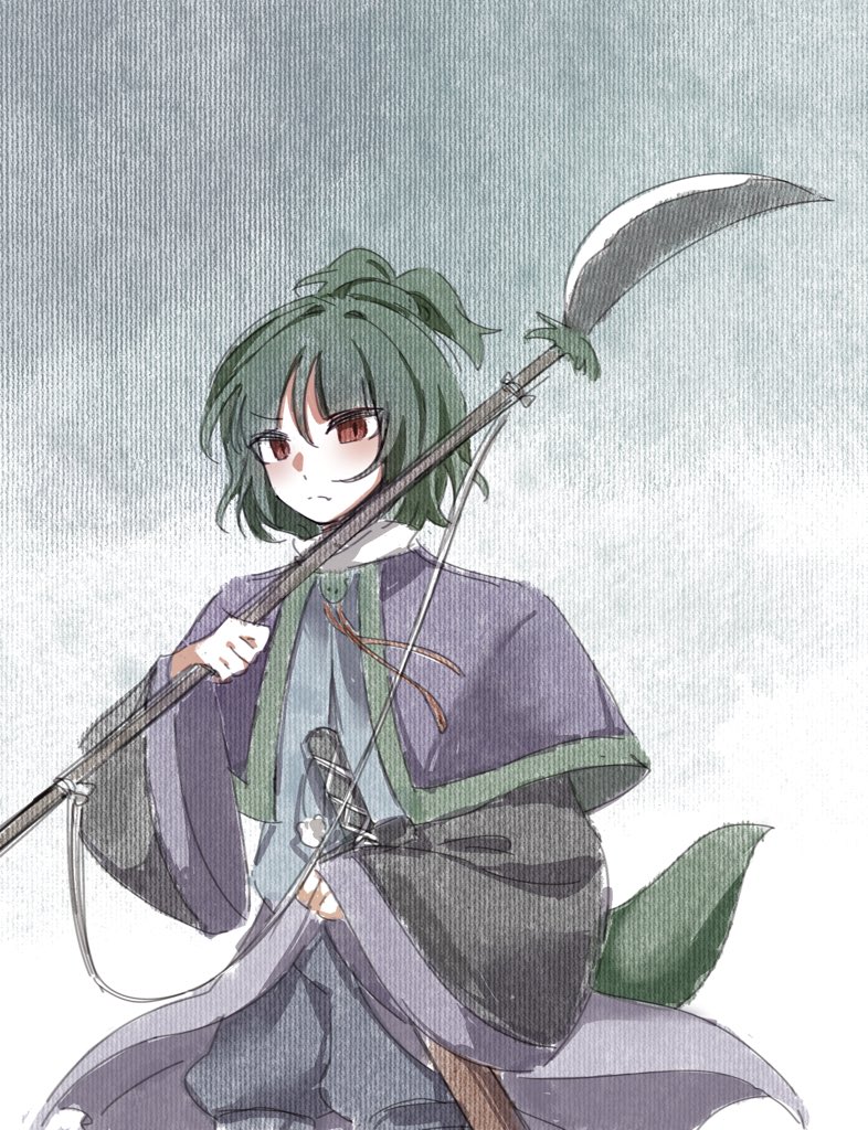 1other adagumo_no_saragimaru androgynous black_shirt blue_shorts blue_vest capelet chinese_commentary clenched_hand closed_mouth cloud cloudy_sky collar collared_capelet commentary_request cowboy_shot frown gradient_background green_hair hair_ornament high_ponytail holding holding_polearm holding_weapon japanese_clothes len&#039;en light_blush long_sleeves looking_ahead naginata necktie one-hour_drawing_challenge open_clothes open_vest other_focus polearm ponytail puffy_shorts purple_capelet red_eyes red_necktie sheath sheathed shirt short_hair short_ponytail shorts sky slit_pupils snake_hair_ornament snake_tail solo split_ponytail sword tail v-shaped_eyebrows vest weapon white_collar wide_sleeves xiao_ganju_nailuo
