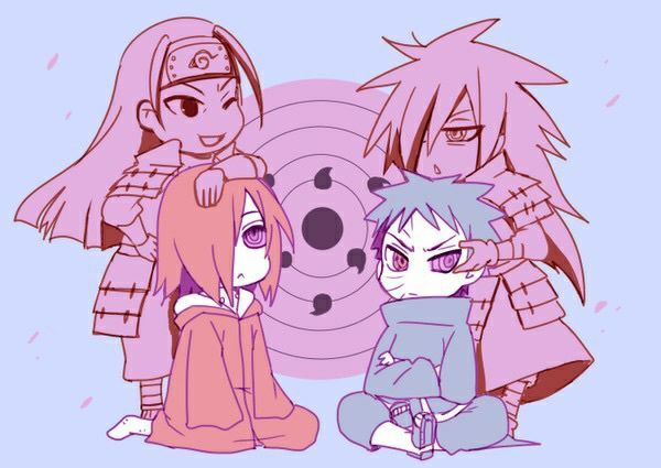 arm_on_another&#039;s_head barefoot blue_background blue_hair chibi cloak crossed_arms crossed_legs edo_tensei forehead_protector frown hair_over_one_eye hand_on_another&#039;s_face heterochromia hood hooded_cloak long_hair long_sleeves looking_at_another looking_away_from_partner looking_up multiple_boys nagato_(naruto) narrowed_eyes naruto_(series) naruto_shippuuden one_eye_closed pain_(naruto) red_hair rinnegan scar scar_on_face senju_hashirama sharingan uchiha_madara uchiha_obito wink