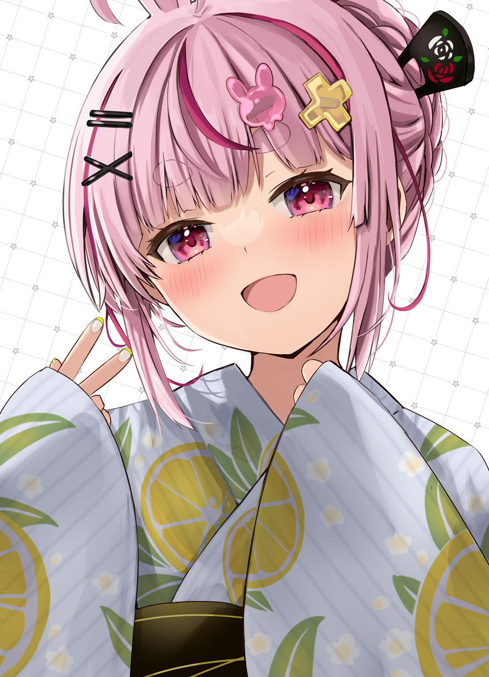 1girl :d ahoge animal_ears commentary_request fingernails food_print fruit_print hair_intakes hair_ornament hairclip hands_up head_tilt highres indie_virtual_youtuber japanese_clothes kimono lemon_print long_sleeves multicolored_hair natsume_eri obi open_mouth pink_hair print_kimono rabbit_ears rabbit_hair_ornament red_eyes red_hair sash sleeves_past_wrists smile solo streaked_hair striped_clothes striped_kimono tomari_mari upper_body vertical-striped_clothes vertical-striped_kimono virtual_youtuber white_background wide_sleeves x_hair_ornament