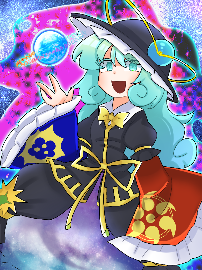 1girl black_coat black_hat bow bowtie breasts coat collared_shirt colored_eyelashes commentary fluffy_hair frilled_hat frilled_sleeves frills green_eyes green_hair hand_up hat layered_sleeves long_hair long_sleeves open_mouth original priswocaer ribbon shin_amane shirt short_over_long_sleeves short_sleeves small_breasts smile solo touhou treasure_castle_labyrinth white_shirt wide_sleeves yellow_bow yellow_bowtie yellow_ribbon