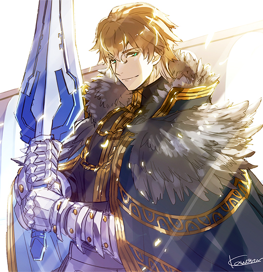 1boy armor black_gloves blonde_hair blue_cape blue_eyes cape collared_cape excalibur_galatine_(fate) fate/extra fate/grand_order fate_(series) fur_collar gauntlets gawain_(fate) gloves holding holding_sword holding_weapon kaworu_(kaw_lov) knight knights_of_the_round_table_(fate) long_sleeves looking_at_viewer male_focus short_hair signature smile solo sword upper_body weapon