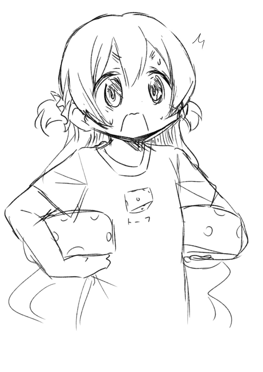 abutomato cheese food highres mahou_shoujo_madoka_magica mahou_shoujo_madoka_magica:_hangyaku_no_monogatari momoe_nagisa shirt t-shirt tagme