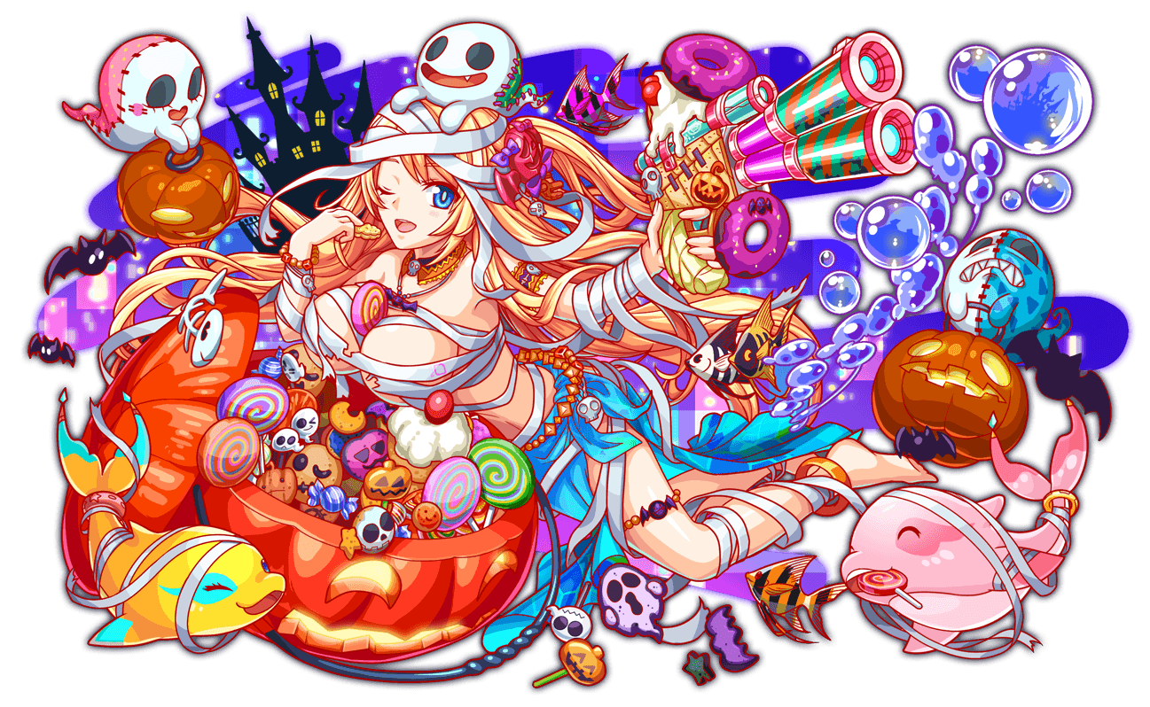 1girl 6+others anime_coloring anklet aqua_eyes aqua_pupils aqua_skirt aqua_tail arm_wrap armband artist_request bandaged_arm bandaged_chest bandaged_hand bandaged_leg bandages bat_necklace bat_ornament black_eyes blue_eyes blush_stickers bone_print bracelet breasts bright_pupils building candy cherry cleavage cleavage_cutout clenched_teeth closed_eyes closed_mouth clothing_cutout collar cookie crash_fever cupcake detached_collar dolphin donut eyelashes fang fish fish_skeleton food frilled_armband frilled_collar frills fruit full_body game_cg ghost gold_anklet gun halloween halloween_costume heart heart-shaped_cookie heart-shaped_food heart-shaped_mouth holding holding_cookie holding_food holding_gun holding_lantern holding_weapon icing jack-o&#039;-lantern jewelry lantern left-handed leg_wrap leglet light_blush light_particles lollipop long_hair long_sidelocks long_skirt mermaid_(crash_fever) midriff mouth_hold multiple_others mummy_costume no_pupils number_print numbered official_art one_eye_closed open_mouth orange_armband orange_collar outline pelvic_curtain pink_tail print_armband pumpkin pumpkin_slice purple_outline red_outline sidelocks silver_necklace skirt skull_ornament skull_print solo_focus square square_print straight_hair tachi-e tail tail_ornament tail_ring teeth third-party_source tied_skirt tongue torn_bandages transparent_background two-tone_tail upper_teeth_only very_long_hair very_long_sidelocks water_drop weapon white_eyes window yellow_tail
