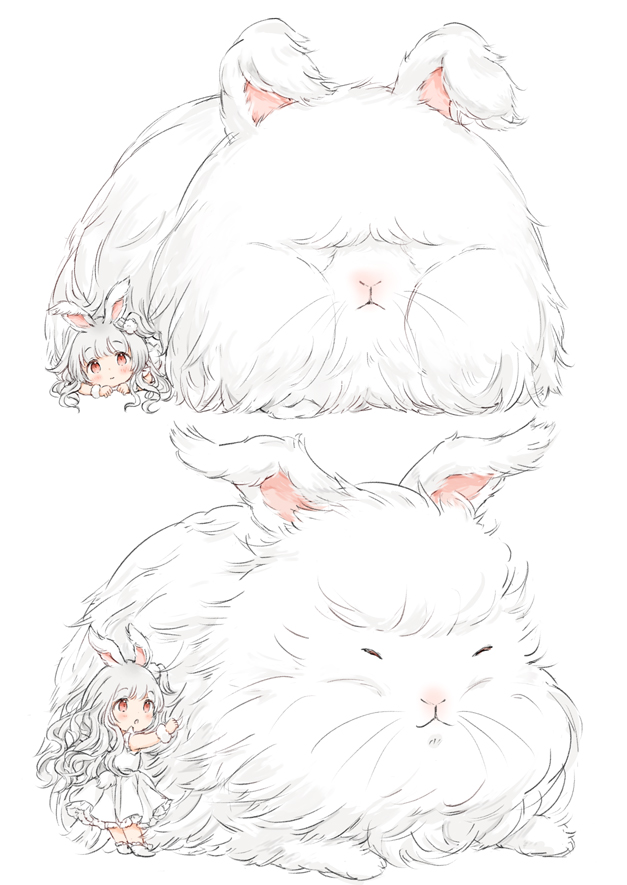 1girl :o angora_rabbit animal animal_ears blush closed_mouth commentary_request dress grey_hair long_hair mini_person minigirl one_side_up original parted_lips rabbit rabbit_ears rabbit_girl rabbit_tail red_eyes simple_background sleeveless sleeveless_dress smile tail very_long_hair wataame27 white_background white_dress