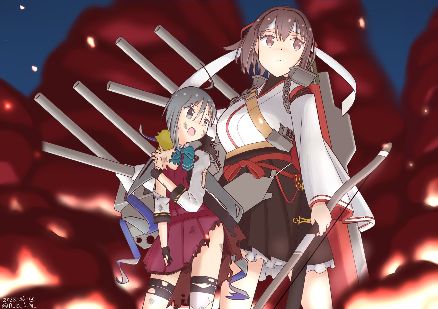 2girls ahoge aqua_bow aqua_bowtie black_gloves black_kimono bow bow_(weapon) bowtie brown_eyes brown_hair cannon coat commentary_request dress gloves grey_coat grey_eyes grey_hair grey_thighhighs hair_between_eyes halter_dress halterneck ise_(kancolle) ise_kai_ni_(kancolle) japanese_clothes kantai_collection kimono kiyoshimo_(kancolle) kiyoshimo_kai_ni_(kancolle) long_hair low_twintails multiple_girls nabetomo partially_fingerless_gloves purple_dress short_hair smoke standing thighhighs torn_clothes twintails very_long_hair weapon white_kimono