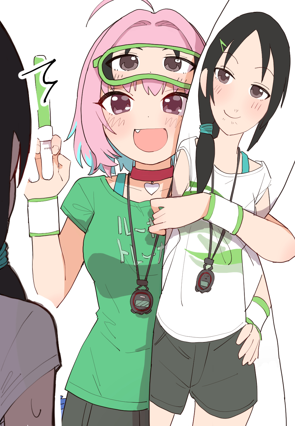 2girls ahoge aoki_kei bad_id bad_pixiv_id black_hair black_shorts blue_hair character_print choker clothes_writing commentary dakimakura_(object) dot_nose facing_away fang from_behind glowstick hand_up heart highres holding idolmaster idolmaster_cinderella_girls kamo_(kamonabe_44) multicolored_hair multiple_girls pillow pink_hair shirt short_hair short_shorts shorts silver_hair smile stopwatch stopwatch_around_neck sweatdrop t-shirt trainer_(idolmaster) translated two-tone_hair watch wristband yumemi_riamu