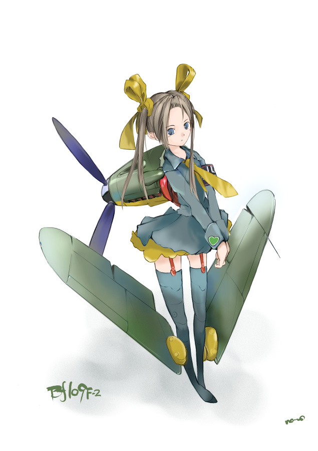 1girl aircraft airplane armband artist_name bf_109 blue_eyes brown_hair character_name female_focus garter_straps hair_ribbon long_hair mecha_musume military nano_(nanosize) necktie original propeller ribbon signature simple_background solo thighhighs twintails world_war_ii yellow_necktie