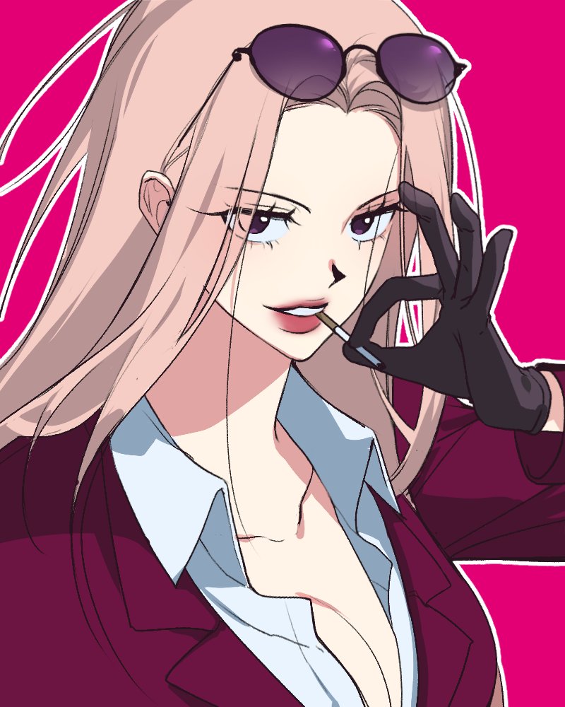 1girl black_gloves cigarette collared_shirt eyelashes eyewear_on_head formal_clothes gloves hina_(one_piece) holding holding_cigarette jacket long_hair looking_at_viewer one_piece pink_background pink_hair ppyobong11 purple_jacket shirt simple_background smile solo suit white_shirt