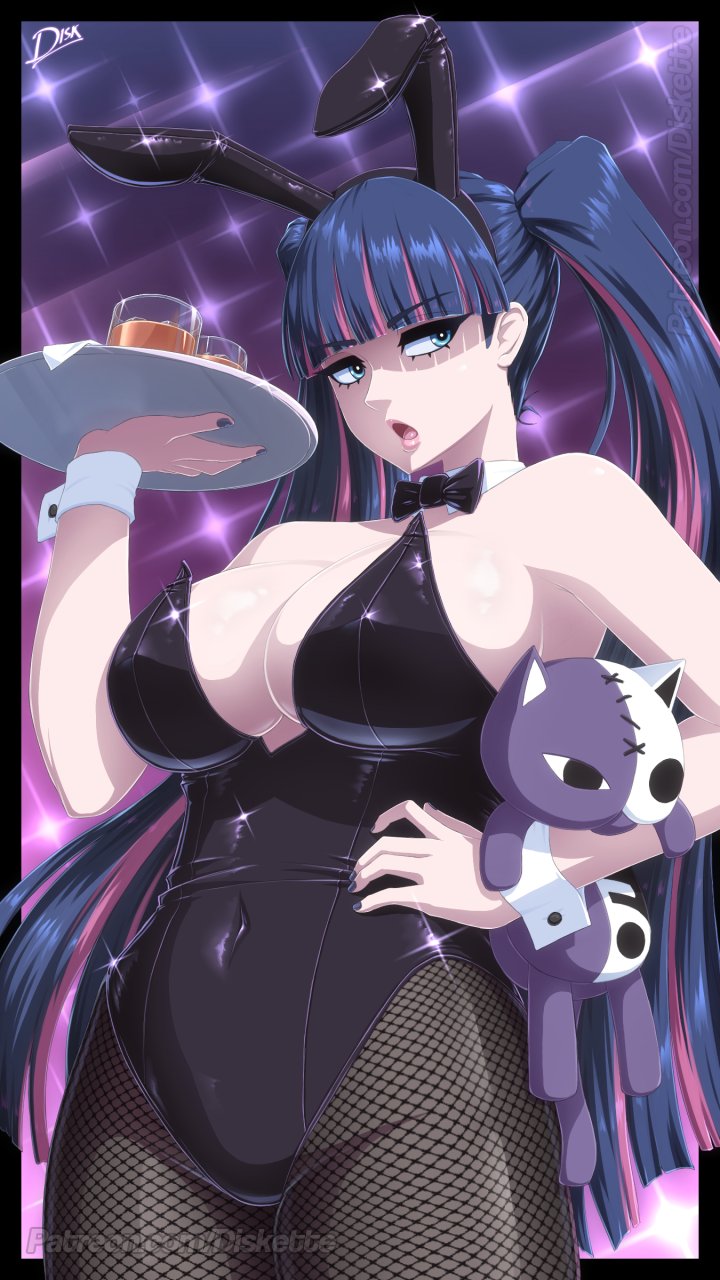 1girl animal_ears black_border black_leotard blue_eyes blue_hair blunt_bangs border bow bowtie breasts colored_inner_hair covered_navel detached_collar diskette fake_animal_ears fishnet_pantyhose fishnets hand_on_own_hip highleg highleg_leotard highres honekoneko_(psg) large_breasts leotard long_hair looking_at_viewer multicolored_hair navel open_mouth panty_&amp;_stocking_with_garterbelt pantyhose patreon_username pink_hair playboy_bunny rabbit_ears scotch_whisky solo sparkle_background stocking_(psg) strapless strapless_leotard stuffed_animal stuffed_cat stuffed_toy traditional_bowtie tray two-tone_hair watermark wrist_cuffs
