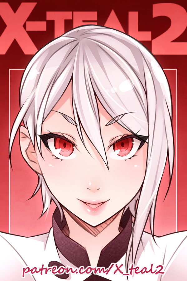 10s 1girl artist_name female_focus lips looking_at_viewer nakiri_alice open_mouth patreon_username portrait red_eyes shokugeki_no_souma short_hair silver_hair smile solo watermark web_address x-t3al