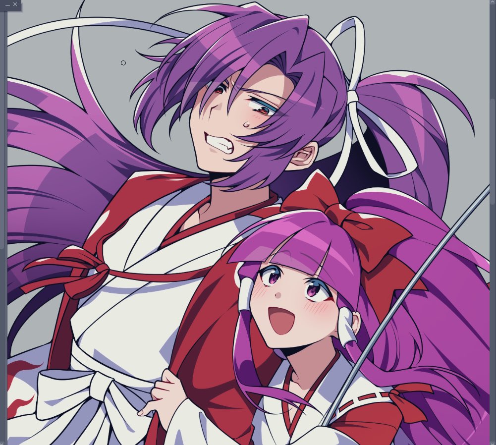 2girls blush bow clenched_teeth grey_background hair_bow hair_ribbon hair_tubes hakama hakurei_reimu hakurei_reimu_(pc-98) hug hug_from_behind japanese_clothes kamenozoki_momomo long_hair meira_(touhou) miko multiple_girls open_mouth ponytail purple_eyes purple_hair red_eyes ribbon simple_background smile sweatdrop teeth touhou touhou_(pc-98) very_long_hair yuri