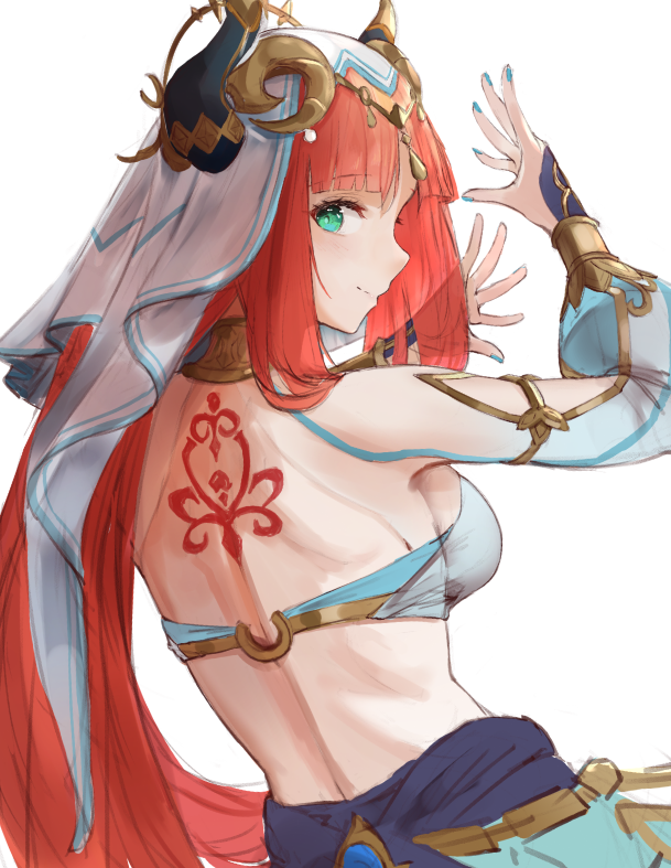 1girl aqua_eyes back back_tattoo bare_shoulders black_horns blue_nails blue_skirt breasts closed_mouth commentary detached_sleeves fake_horns from_behind genshin_impact hands_up harem_outfit horns ippers long_hair looking_at_viewer looking_back medium_breasts nilou_(genshin_impact) red_hair simple_background skirt smile solo tattoo unfinished upper_body veil white_background white_sleeves white_veil