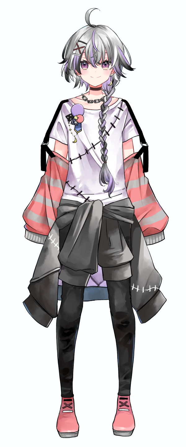 1girl ahoge black_choker black_pants chain choker closed_mouth clothes_around_waist collarbone copyright_request crescent crescent_earrings detached_sleeves earrings full_body grey_jacket hair_between_eyes hair_ornament hairclip highres jacket jacket_around_waist jewelry long_sleeves mito_(go!go!king!) multicolored_hair pants pink_shoes puffy_long_sleeves puffy_sleeves purple_eyes purple_hair shirt shoes short_sleeves simple_background sleeves_past_fingers sleeves_past_wrists smile solo standing star_(symbol) stitches streaked_hair virtual_youtuber white_background white_shirt x_hair_ornament