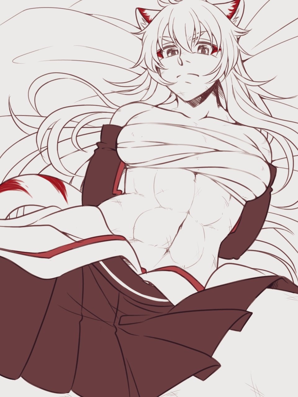1girl abs animal_ears arms_behind_back azur_lane black_eyes black_skirt black_sleeves breasts closed_mouth commentary_request cowboy_shot detached_sleeves hair_between_eyes highres hyuuga_(azur_lane) long_hair looking_at_viewer medium_breasts neko_majin partially_colored pleated_skirt sarashi skirt solo tail