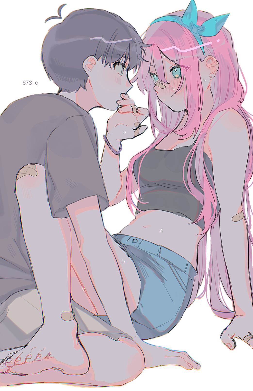 1boy 1girl 673_q aqua_bow aqua_eyes aqua_hairband aubrey_(faraway)_(omori) aubrey_(omori) bandaid bandaid_on_arm bandaid_on_face bandaid_on_knee bandaid_on_leg bandaid_on_nose barefoot beige_shorts black_camisole black_hair blue_skirt blush bow bow_hairband bracelet brown_shirt camisole commentary crop_top denim denim_skirt grey_eyes hair_between_eyes hairband hetero highres jewelry long_hair omori pink_hair shirt short_hair sidelocks simple_background skirt sleeveless spaghetti_strap sunny_(omori) white_background