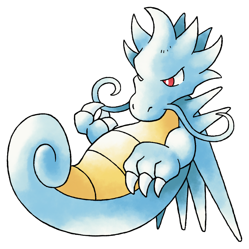 bright_pupils curled_tail derivative_work fewer_digits full_body gen_2_pokemon kingdra kingdra_(prototype) lying nintendo no_humans no_mouth nostrils official_style on_back pokemon pokemon_(creature) pokemon_focus pokemon_gsc_(prototype) prototype_design raciebeep red_eyes simple_background solo sugimori_ken_(style) tachi-e transparent_background watercolor_effect whiskers white_pupils