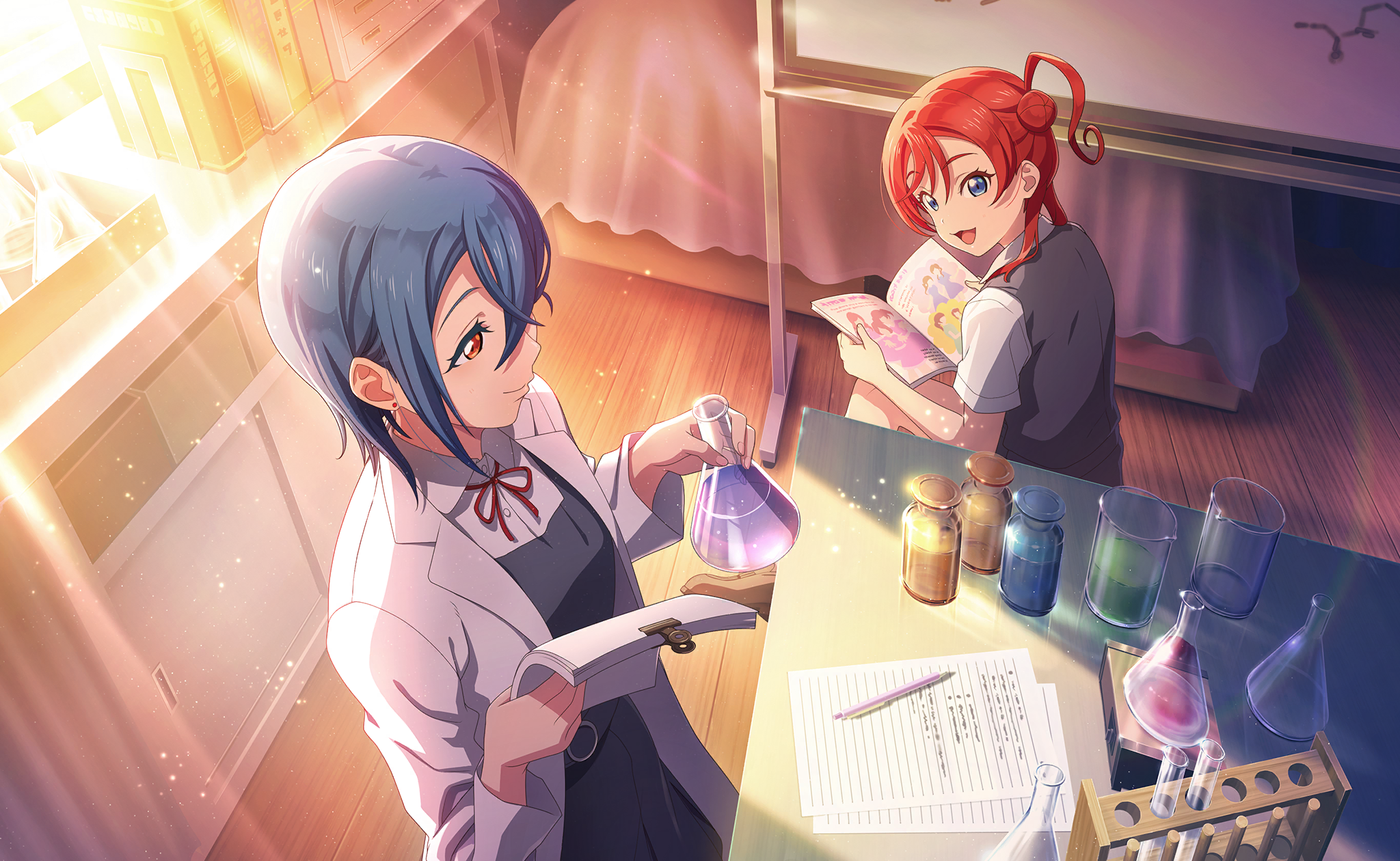 2girls beaker blue_eyes blue_hair blush book classroom closed_mouth coat collared_shirt cowboy_shot crossed_bangs curtains dress ear_piercing evening flask from_above game_cg grey_dress hair_between_eyes hair_bun hands_up highres holding holding_book holding_paper indoors jar lab_coat laboratory lens_flare light_particles light_rays liquid long_sleeves looking_at_another looking_to_the_side love_live! love_live!_school_idol_festival_2 love_live!_superstar!! multiple_girls neck_ribbon official_art open_book open_mouth orange_eyes paper paper_stack pen piercing pinafore_dress profile red_hair red_ribbon ribbon school_uniform shelf shirt short_hair short_sleeves single_side_bun sitting sleeveless sleeveless_dress smile standing string_tie summer_uniform sunbeam sunlight test_tube test_tube_rack wakana_shiki white_coat white_shirt whiteboard window yoneme_mei yuigaoka_school_uniform