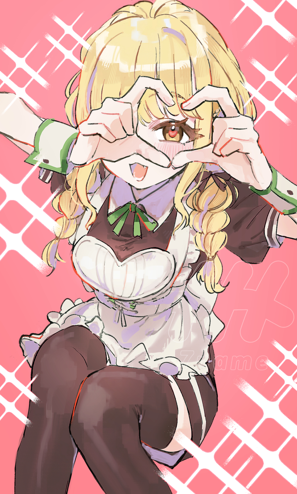 1girl four-finger_heart_hands alternate_costume apron blonde_hair blush braid brown_dress brown_thighhighs commentary_request dress enmaided fang feet_out_of_frame fujita_kotone gakuen_idolmaster hair_ribbon heart heart-shaped_pupils heart_hands heart_hands_over_eye highres idolmaster invisible_chair long_hair looking_at_viewer maid naname_(7name) pink_background ribbon sitting smile solo symbol-shaped_pupils thighhighs twin_braids white_apron wrist_cuffs yellow_eyes