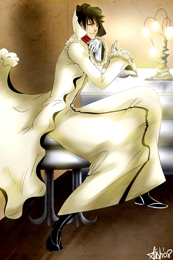 00s 1boy 2008 aaroniero_arruruerie arrancar bleach disguise hollow_(bleach) male_focus number_tattoo shiba_kaien sitting solo table tattoo