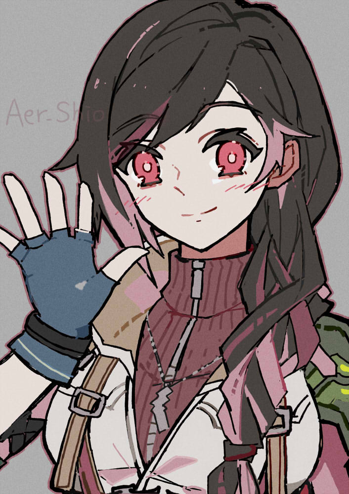 1girl black_hair blue_gloves blush breasts closed_mouth commentary_request cosplay final_fantasy final_fantasy_vii final_fantasy_vii:_ever_crisis final_fantasy_xiii gloves grey_background hand_up hiyunagi jacket jewelry large_breasts lightning_farron lightning_farron_(cosplay) looking_at_viewer multicolored_hair necklace official_alternate_costume official_alternate_hair_color official_alternate_hairstyle pink_hair red_eyes side_ponytail single_shoulder_pad smile solo sweater tifa_lockhart turtleneck turtleneck_sweater two-tone_hair upper_body waving white_jacket zipper