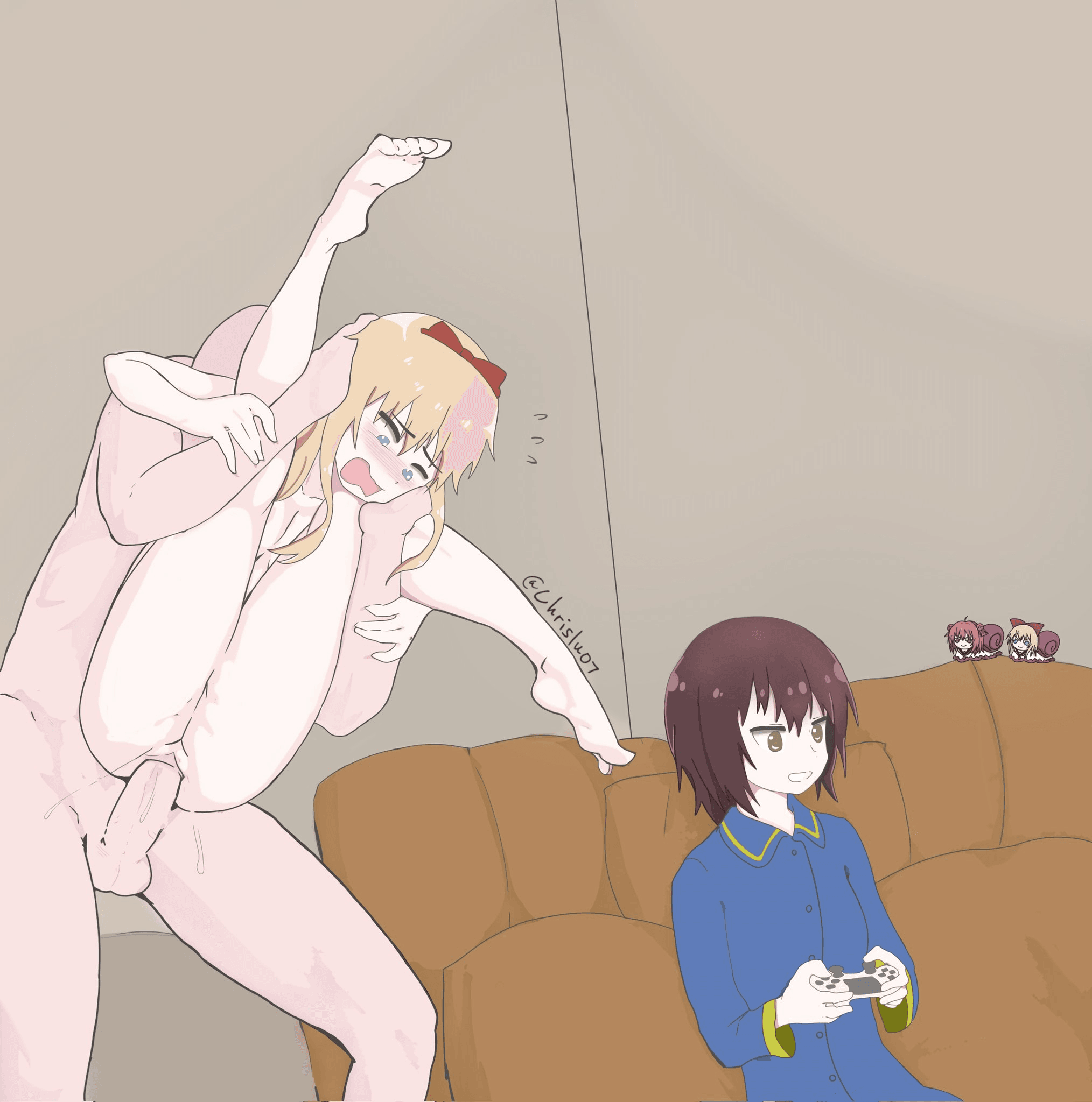 1boy 2girls blonde_hair blue_eyes blush bow brown_eyes brown_hair chrislu07 funami_yui game_controller grin hair_bow hetero holding_controller holding_game_controller indoors long_hair multiple_girls nude open_mouth pajamas pussy rape sex short_hair smile toshinou_kyouko yuru_yuri