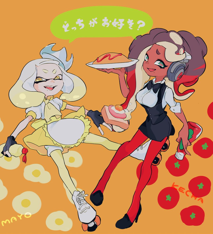 2girls alternate_costume apron ascot black_bow black_bowtie black_gloves black_shoes black_skirt black_vest blonde_hair blue_eyes bottle bow bowtie bread bread_slice brown_hair cephalopod_eyes collared_shirt commentary_request cross-shaped_pupils crown dark-skinned_female dark_skin dress dress_shirt fang fingerless_gloves food full_body gloves headphones high-waist_skirt holding holding_bottle holding_plate horizontal_pupils imaikuy0 inkling ketchup_bottle long_hair looking_at_viewer marina_(splatoon) mayonnaise_bottle medium_hair mole mole_under_mouth multicolored_hair multiple_girls nintendo octoling omelet omurice open_mouth orange_background pantyhose pantyhose_under_shorts parted_bangs pearl_(splatoon) pencil_skirt pink_pupils plate puffy_short_sleeves puffy_sleeves red_hair red_pantyhose roller_skates shared_speech_bubble shirt shoes short_bangs short_sleeves shorts shorts_under_dress skates skirt smile speech_bubble splatoon_(series) splatoon_2 symbol-shaped_pupils tentacle_hair tilted_headwear translation_request two-tone_hair vest waist_apron white_crown white_hair white_shirt white_shoes white_shorts yellow_ascot yellow_eyes yellow_pantyhose yellow_skirt