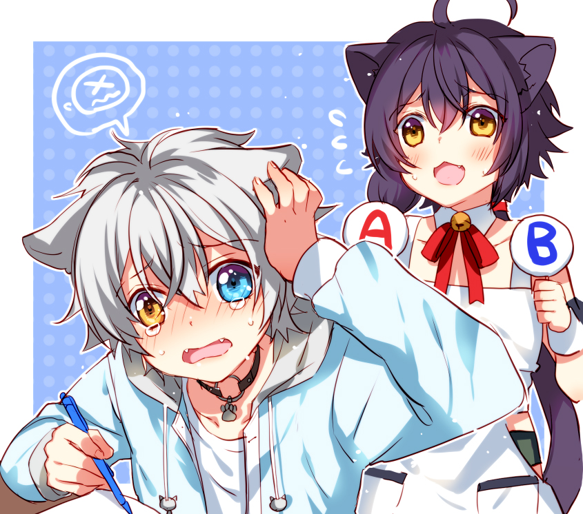 1boy 1girl animal_ears black_hair blue_eyes brown_hair cat_boy cat_ears cat_tail child ginjiro_(ginziro525) ginjiro_(vtuber) grey_hair indie_virtual_youtuber long_hair looking_at_viewer male_focus original tail twintails very_long_hair virtual_youtuber white_background white_hair
