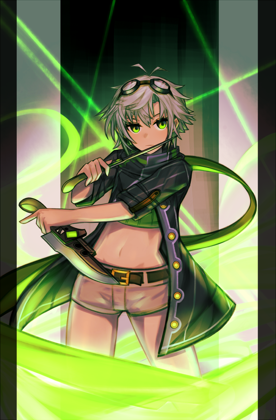 1girl black_jacket cowboy_shot dual_wielding eiyuu_densetsu fie_claussell goggles goggles_on_head green_eyes green_scarf green_theme gunblade highres holding holding_weapon jacket kky midriff navel scarf sen_no_kiseki sen_no_kiseki_(series) sen_no_kiseki_ii short_hair shorts weapon white_hair