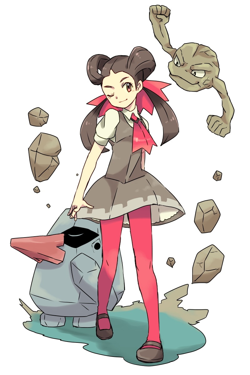 1girl black_dress black_footwear black_hair brown_eyes creature dress flat_chest floating full_body gen_1_pokemon gen_3_pokemon geodude gym_leader highres long_hair mizuto_(o96ap) nintendo nosepass one_eye_closed pantyhose pink_pantyhose pokemon pokemon_(creature) pokemon_oras rock roxanne_(pokemon) shoes short_sleeves smile standing
