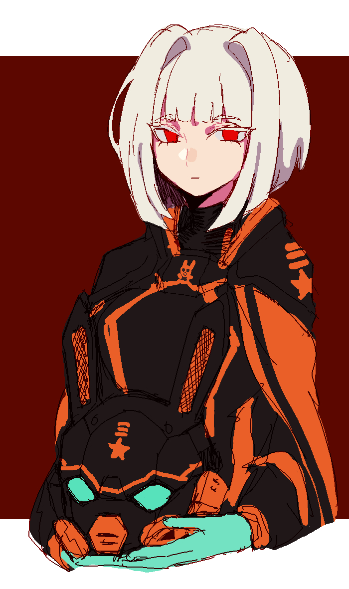 1girl aqua_gloves armor black_cape blunt_bangs breasts cape closed_mouth colored_eyelashes commentary_request er_hea expressionless gloves hair_intakes helmet holding holding_helmet jaggy_lines lobotomy_corporation myo_(project_moon) project_moon red_eyes short_hair sketch small_breasts solo white_hair