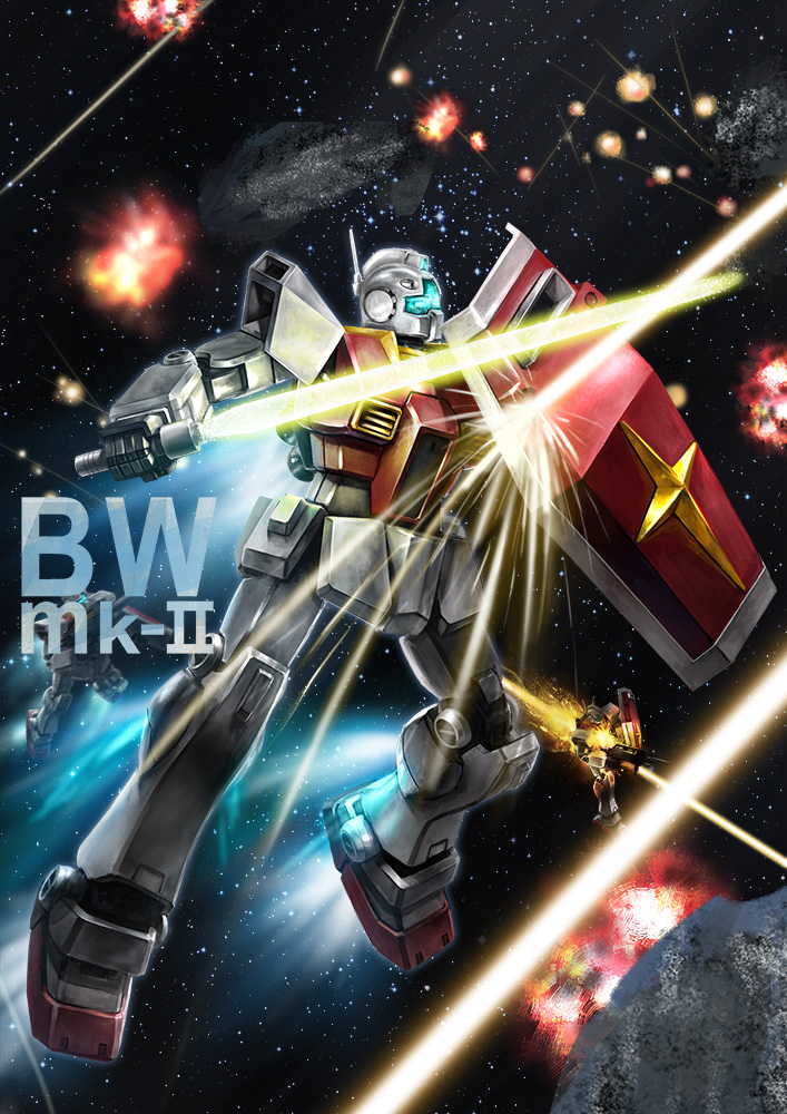 energy_sword bwmk2 energy energy_sword energy_weapon explosion gm_ii gundam mecha no_humans robot shield space sword weapon zeta_gundam