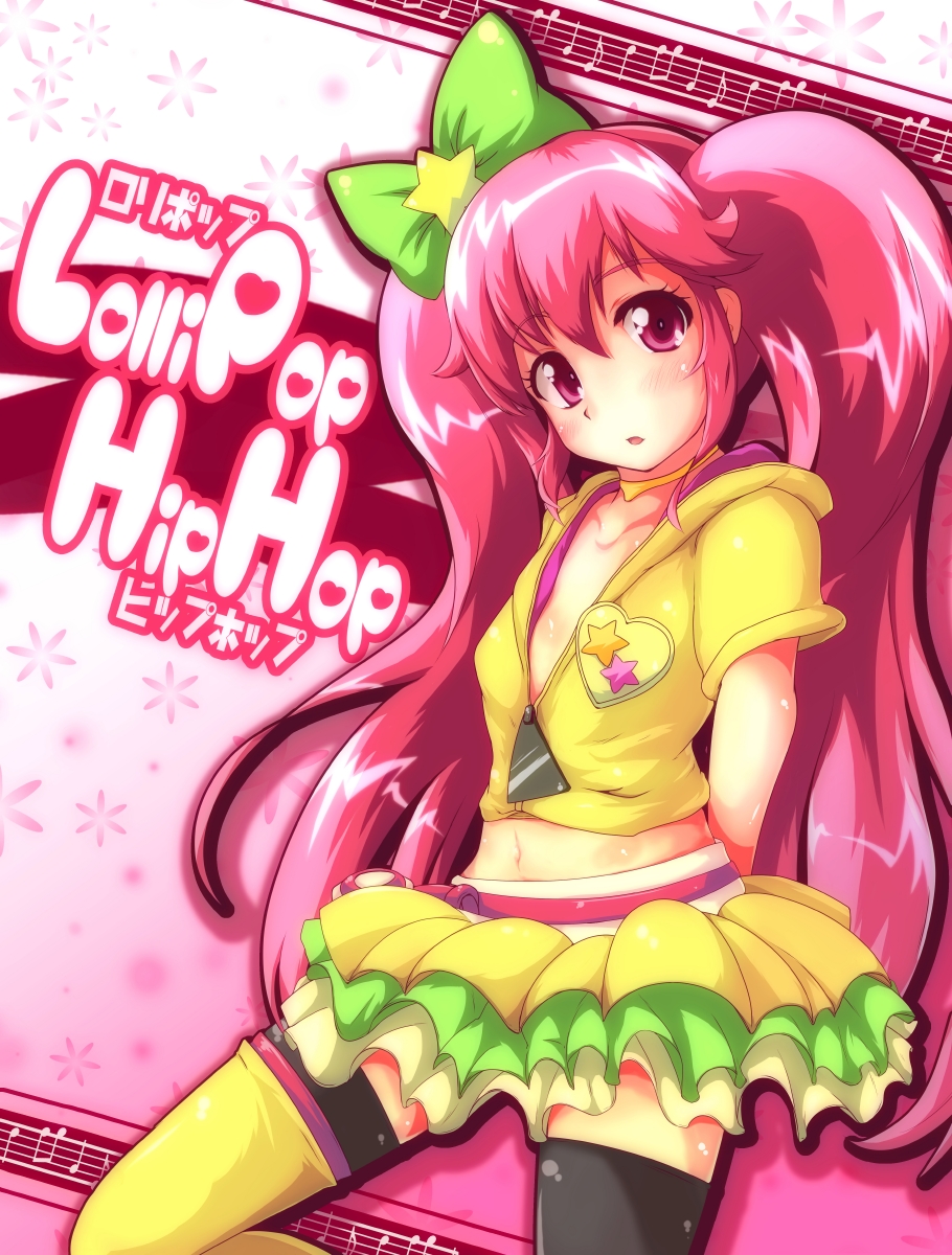 10s 1girl aino_megumi alternate_form beamed_quavers blush bow brooch cure_lovely cure_lovely_(lollipop_hip_hop) female_focus gorogorodon hair_bow happinesscharge_precure! heart heart_brooch highres hood hoodie jewelry long_hair magical_girl musical_note no_bra pink_background pink_eyes pink_hair precure quaver skirt solo musical_staff thighhighs twintails yellow_skirt