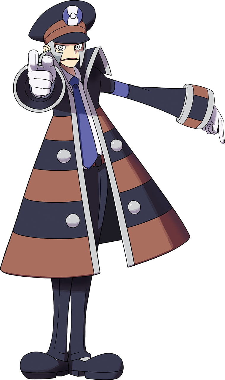 1boy armband belt belt_buckle black_coat black_hat black_pants black_shoes blue_necktie brown_belt brown_coat buckle coat collared_shirt frown full_body gloves grey_eyes grey_hair hat highres ingo_(pokemon) long_sleeves looking_at_viewer male_focus necktie nintendo official_art oomura_yuusuke open_clothes open_coat open_mouth pants pointing pointing_at_viewer pointing_down pokemon pokemon_bw shirt shoes short_hair sideburns solo standing striped_coat transparent_background white_gloves white_shirt