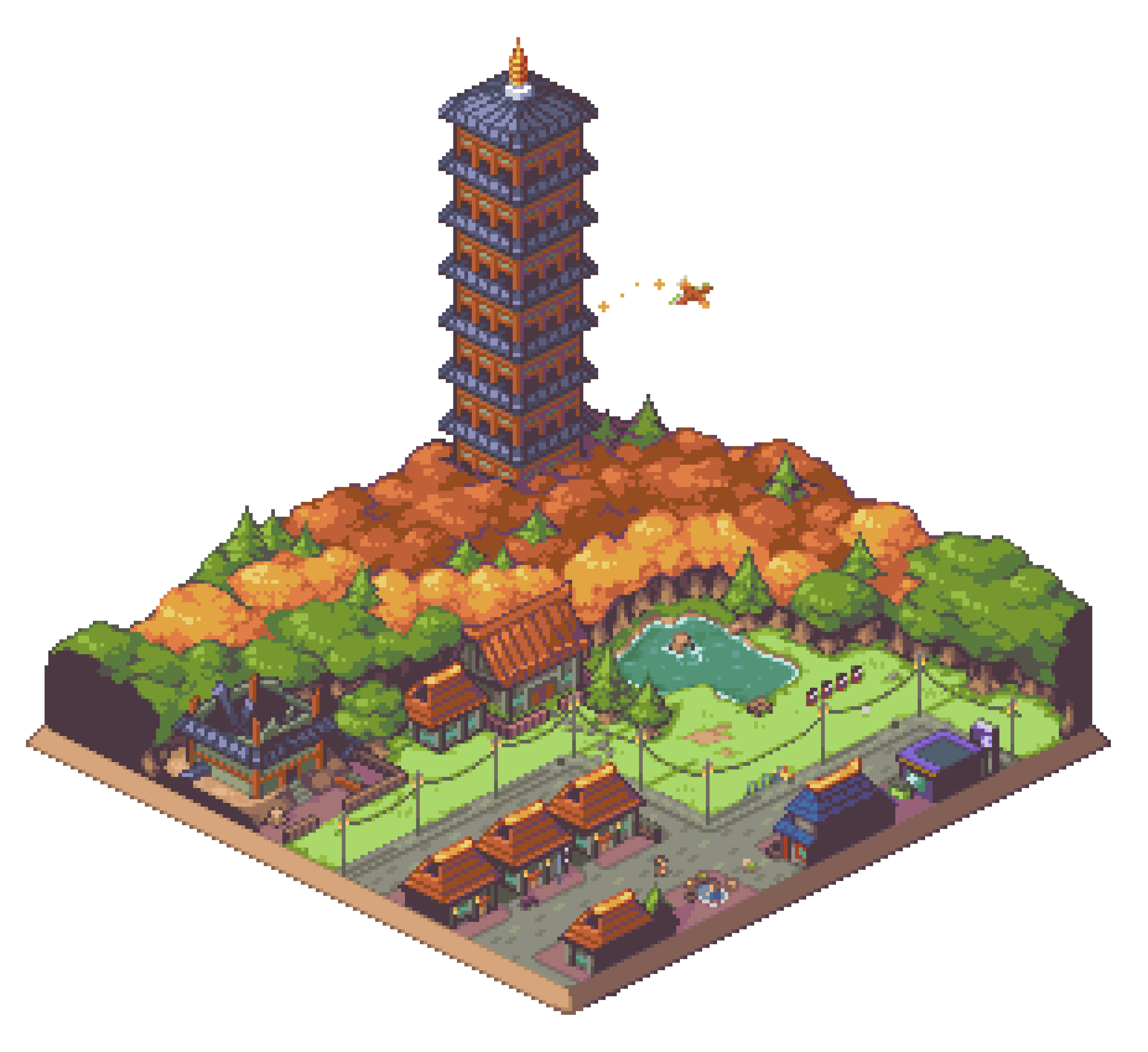 absurdres city commentary dewndeym english_commentary gen_2_pokemon highres ho-oh house legendary_pokemon nintendo outdoors pixel_art pokemon pokemon_(creature) pokemon_hgss pond simple_background tower transparent_background tree white_background