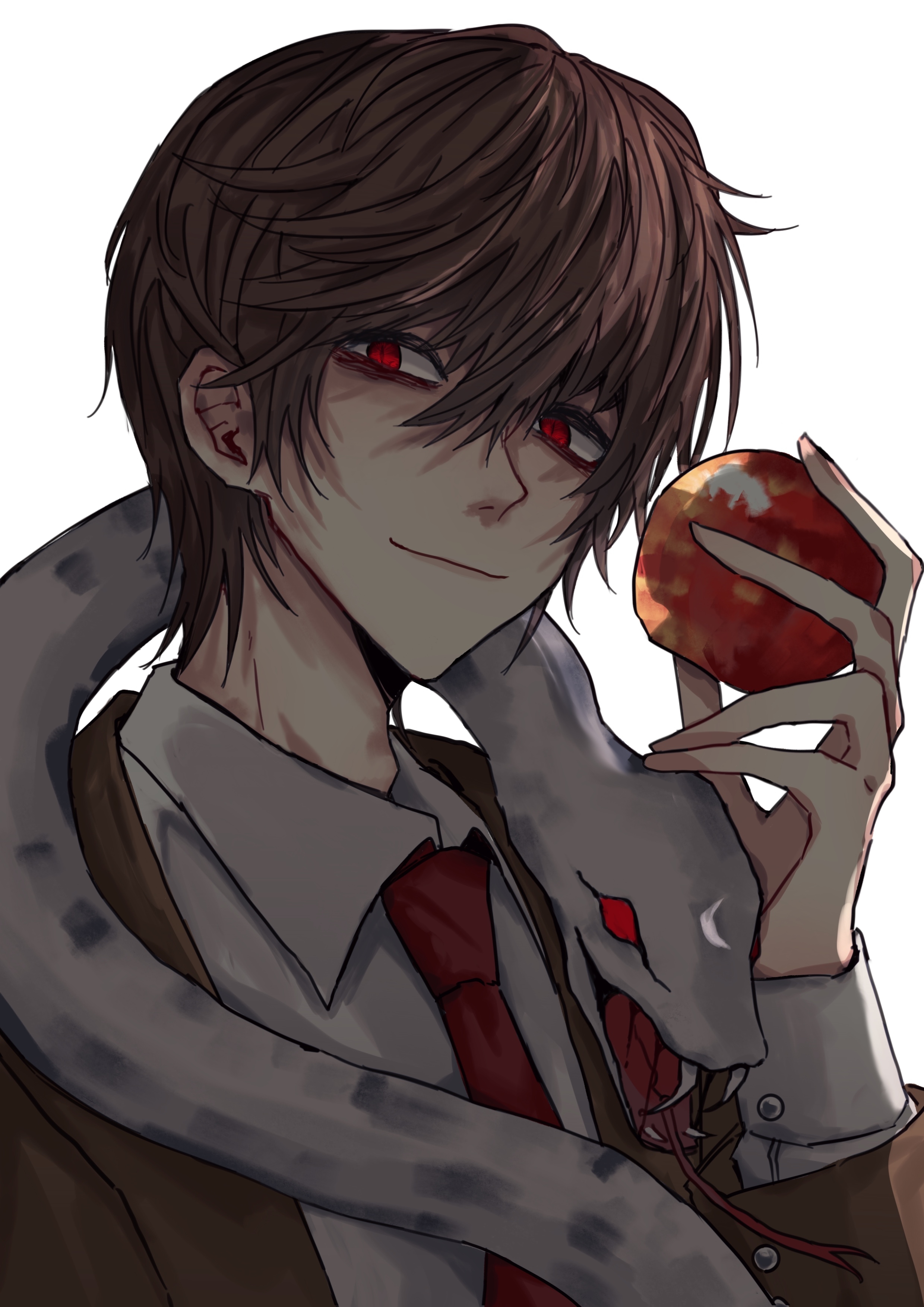 1boy absurdres apple brown_hair brown_jacket closed_mouth collared_shirt death_note fangs food fruit hair_between_eyes highres holding holding_food holding_fruit jacket layered_sleeves long_sleeves looking_to_the_side male_focus necktie red_eyes red_necktie shirt shuicha803 sideways_glance simple_background smile snake snake_wrapped_around_neck solo suit_jacket tongue upper_body white_background white_shirt white_snake wing_collar yagami_light