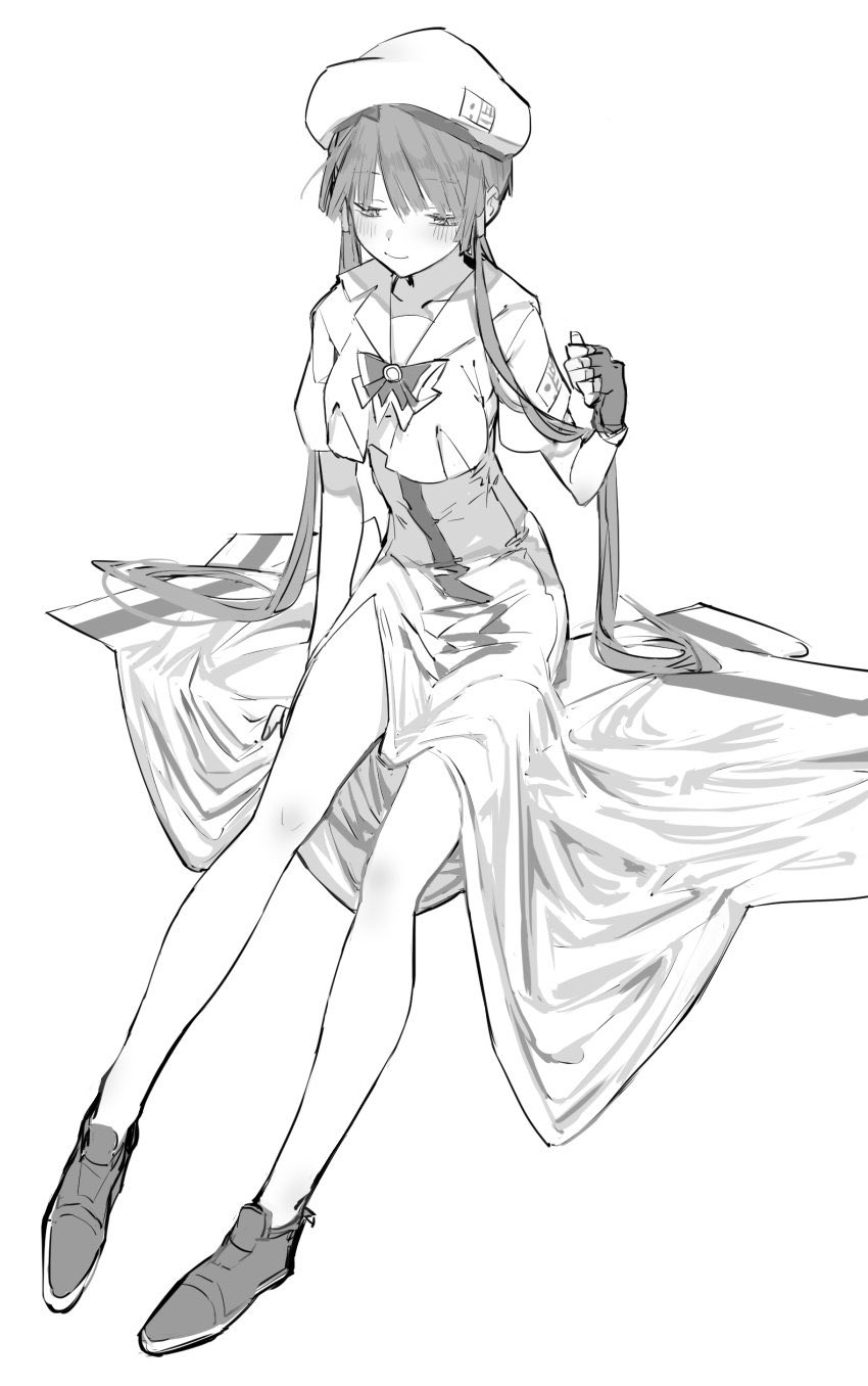 1girl aria_(manga) aria_company_uniform bad_id bad_twitter_id beret dress fingerless_gloves full_body gloves greyscale hair_tubes half-closed_eyes hand_up hat highres inactive_account long_dress long_hair looking_down mizunashi_akari monochrome shoes side_slit sidelocks simple_background sitting smile solo suiso_(owp) white_background