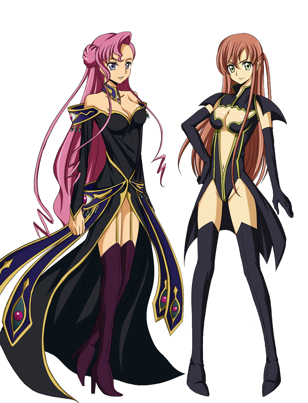 2girls breasts britannian_uniform cleavage code_geass dress euphemia_li_britannia evil_smile green_eyes high_heels highres multiple_girls orange_hair pink_hair purple_eyes revealing_clothes shirley_fenette smile thighs