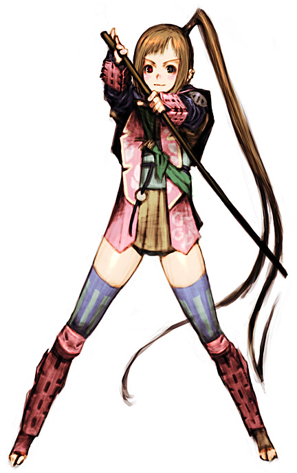 1girl armor brown_eyes brown_hair closed_mouth full_body japanese_clothes long_hair looking_at_viewer onimusha onimusha:_dawn_of_dreams sakamoto_mineji side_ponytail simple_background skirt smile solo thighhighs weapon white_background yagyuu_juubei_(dawn_of_dreams)