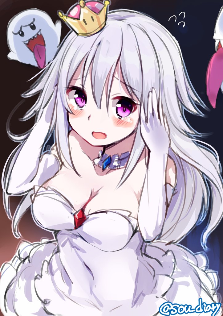blush boo_(mario) breasts cleavage crown dress elbow_gloves ghost gloves hands_on_own_head jewelry looking_at_viewer luigi&#039;s_mansion mario_(series) medium_breasts new_super_mario_bros._u_deluxe nintendo open_mouth princess_king_boo purple_eyes sou_(soutennkouchi) tears white_dress white_hair