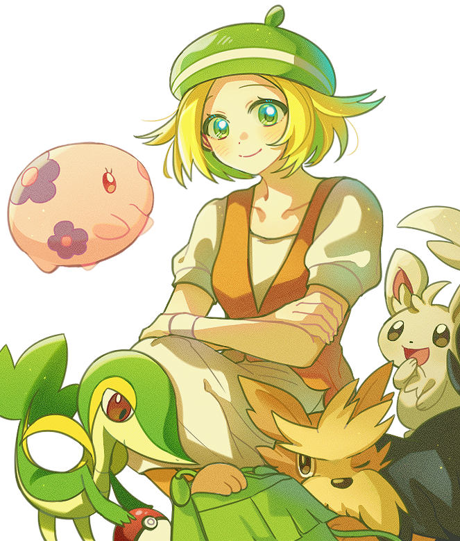 1girl bianca_(pokemon) blonde_hair closed_mouth commentary dress gen_5_pokemon green_bag green_eyes green_hat hat herdier kong_(6ki3ki) looking_at_viewer minccino munna nintendo orange_vest poke_ball poke_ball_(basic) pokemon pokemon_(creature) pokemon_bw short_hair short_sleeves smile snivy symbol-only_commentary vest white_background white_dress
