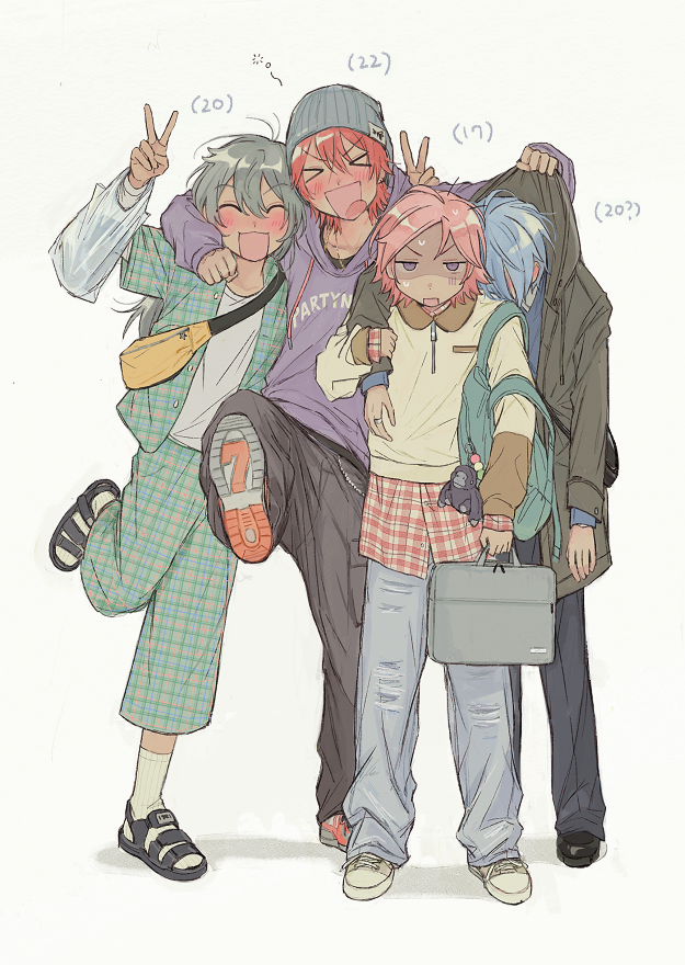 &gt;_&lt; 37l53 4boys amagi_rinne annoyed arm_on_another&#039;s_shoulder arm_up backpack bag beanie black_pants blue_hair capri_pants character_age coat collar_tug crazy_b_(ensemble_stars!) denim ensemble_stars! full_body green_bag green_pants grey_hair grey_hat grey_pants hand_up hat himeru_(ensemble_stars!) holding holding_bag hood hood_down hoodie jacket jeans jitome kicking knee_up layered_sleeves long_sleeves male_focus multiple_boys open_mouth oukawa_kohaku pants pink_hair plaid_clothes plaid_pants plaid_shirt plastic_bag purple_hoodie red_hair sandals shaded_face shiina_niki shirt shoes short_over_long_sleeves short_sleeves side-by-side simple_background sleeves_past_wrists sneakers socks standing standing_on_one_leg sweat tongue tongue_out untucked_shirt v v-shaped_eyebrows white_background white_shirt white_socks