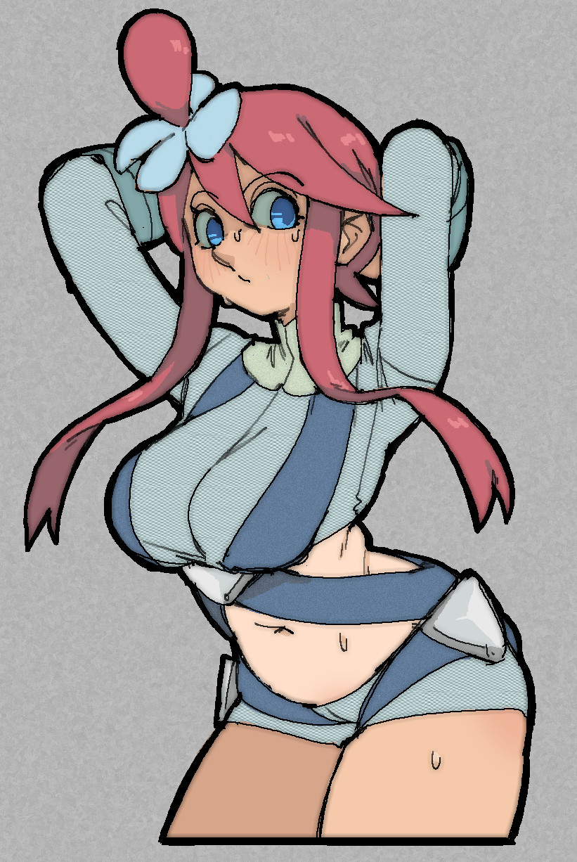 1girl amlogamer arms_behind_head blue_eyes breasts crop_top game_freak grey_background large_breasts long_hair long_sleeves looking_to_the_side nintendo pokemon pokemon_bw red_hair shorts skyla_(pokemon) sweat wide_hips