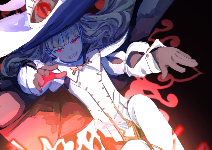 1girl black_gloves blonde_hair boots cape eitri_(fire_emblem) evil_smile fire_emblem fire_emblem_heroes gloves hat long_hair looking_at_viewer nintendo red_eyes shoochiku_bai smile solo thigh_boots wavy_hair witch_hat