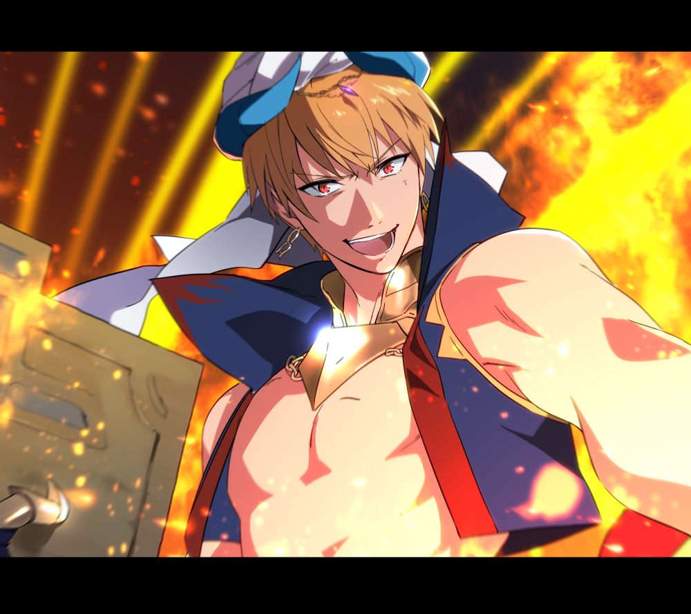 1boy bare_pectorals blonde_hair blue_vest earrings fate/grand_order fate_(series) fire gilgamesh gilgamesh_(caster)_(fate) gilgamesh_(fate) jewelry letterboxed lunapont male_focus open_clothes open_mouth open_vest pectorals red_eyes short_hair solo upper_body vest white_turban
