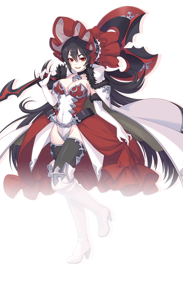 1girl black_hair black_thighhighs bonnet breasts cape cleavage double-parted_bangs drop_shadow elbow_gloves full_body fur-trimmed_cape fur-trimmed_gloves fur_trim gloves groin hair_between_eyes hand_up high_heels holding holding_weapon illya_(princess_connect!) large_breasts leotard looking_at_viewer official_art open_mouth princess_connect! red_bonnet red_eyes red_skirt showgirl_skirt simple_background skirt smile solo standing standing_on_one_leg strapless strapless_leotard tachi-e thighhighs transparent_background v-shaped_eyebrows weapon white_cape white_gloves white_high_heels white_leotard