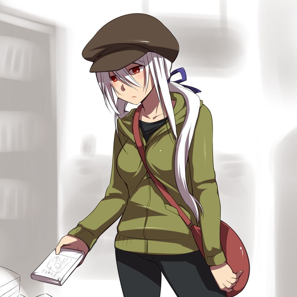 1girl bag between_breasts book bow breasts newsboy_cap caffein casual female_focus hair_bow handbag hat hood hoodie large_breasts ponytail red_eyes silver_hair solo strap_between_breasts vocaloid yowane_haku