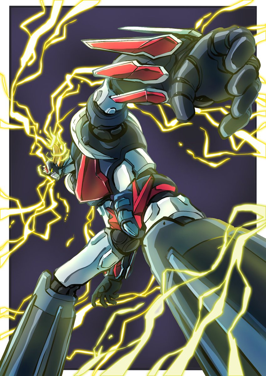 glowing grendizer grendizer_(grendizer_u) grendizer_u highres horns huge_horns lightning mazinger_(series) mecha mecha_focus no_humans robot science_fiction super_robot taiga_hiroyuki ufo_robo_grendizer yellow_eyes