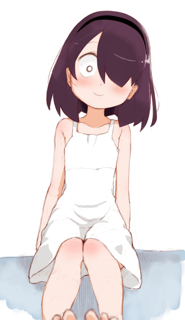 1girl barefoot black_hair black_hairband blurry blurry_foreground bob_cut closed_mouth commentary depth_of_field dress hair_over_one_eye hairband jijou_wo_shiranai_tenkousei_ga_guigui_kuru. kayabakoro looking_at_viewer medium_dress medium_hair nishimura_akane sitting sleeveless sleeveless_dress smile solo sundress white_background white_dress